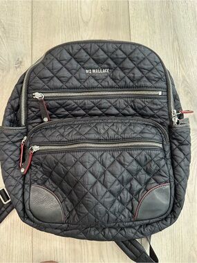 MZ Wallace Black Quilted Nylon Backpack with Red Trim